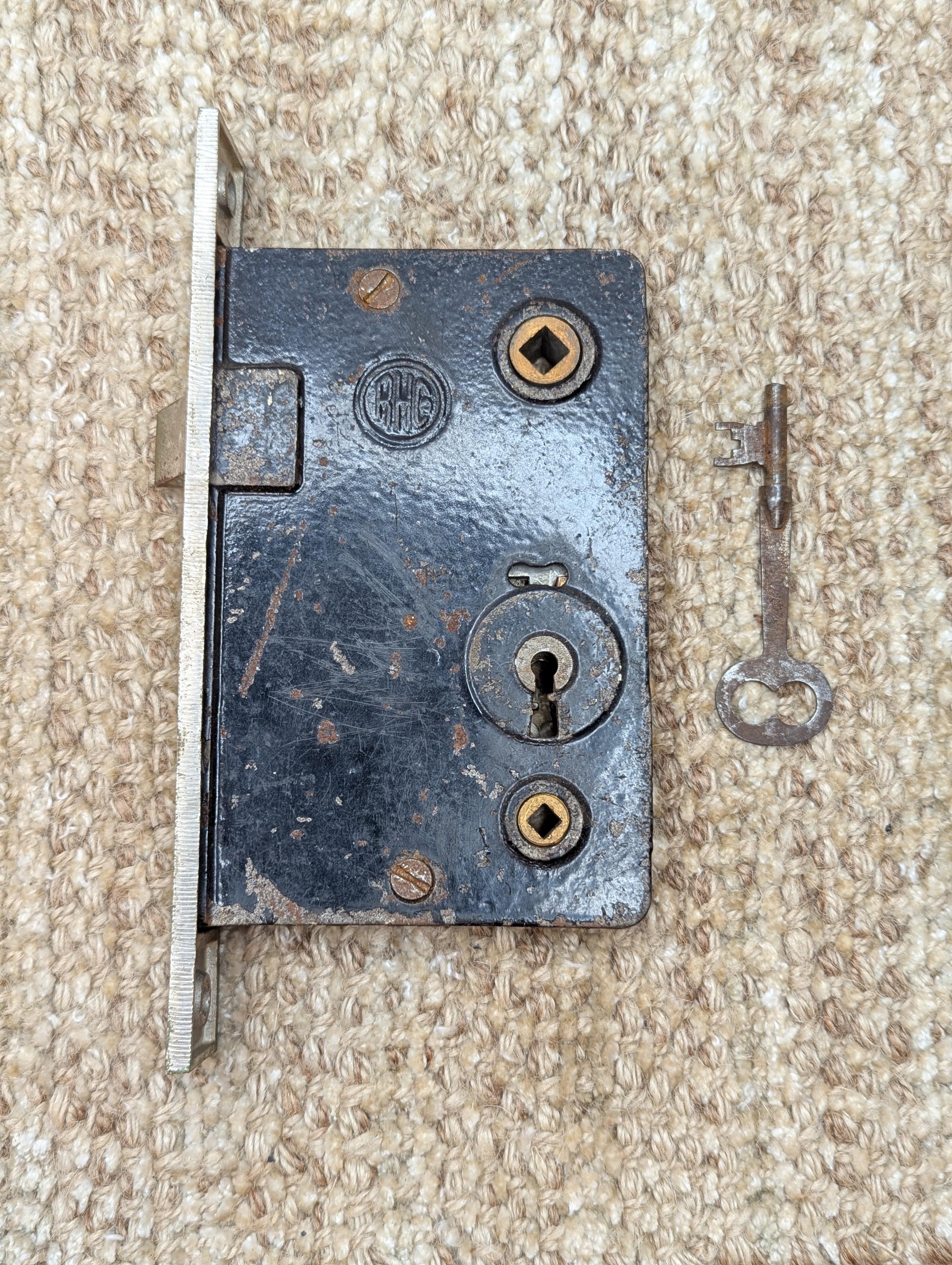 Antique RHCo Exterior Mortise Lock Door Hardware #1188 With Key