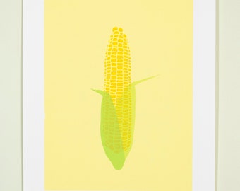 Yellow Ear of Corn Illustration | Handmade Screen Print | unique gift | kitchen | modern wall art decor | 9X12