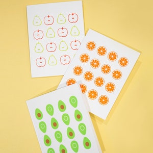 6er-Set - Handsiebdruck-Grußkarten - 100% Recyclingpapier - Obst-Mustermix