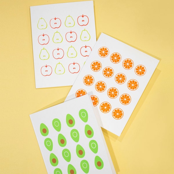 Set of 6 - Hand Screen Printed Greeting Cards - 100% Recycled Paper - Fruit Pattern Mix