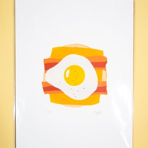 Bacon and Egg Sandwich Illustration Handmade Screen Print unique gift bacon lovers fun wall art decor kitchen living room 9X12 image 3