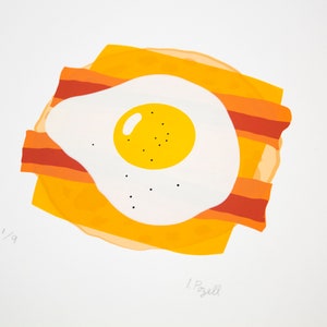 Bacon and Egg Sandwich Illustration Handmade Screen Print unique gift bacon lovers fun wall art decor kitchen living room 9X12 image 2