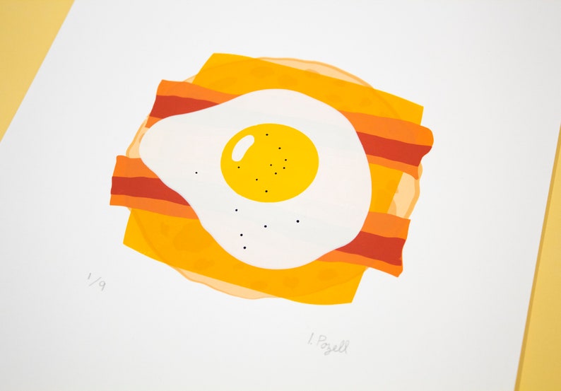 Bacon and Egg Sandwich Illustration Handmade Screen Print unique gift bacon lovers fun wall art decor kitchen living room 9X12 image 2