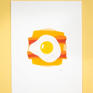 Bacon and Egg Sandwich Illustration Handmade Screen Print unique gift bacon lovers fun wall art decor kitchen living room 9X12 image 1