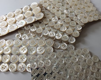 Small mother-of-pearl buttons, 10 mm 11 mm 13 mm or 16 mm sewn on card, 1940's. vintage small mother of pearl buttons,