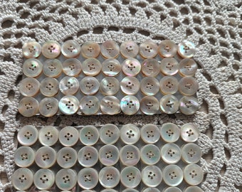 36 Small mother-of-pearl buttons, 12 mm, on card, 1940's. 36 vintage small mother of pearl buttons, 0"47