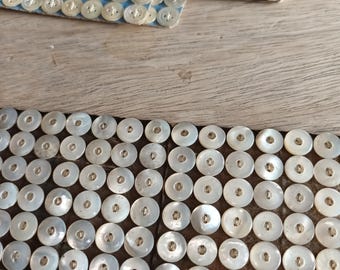 36 Small mother of pearl buttons, 10 mm, on card, 1940s. 36 vintage small mother of pearl buttons