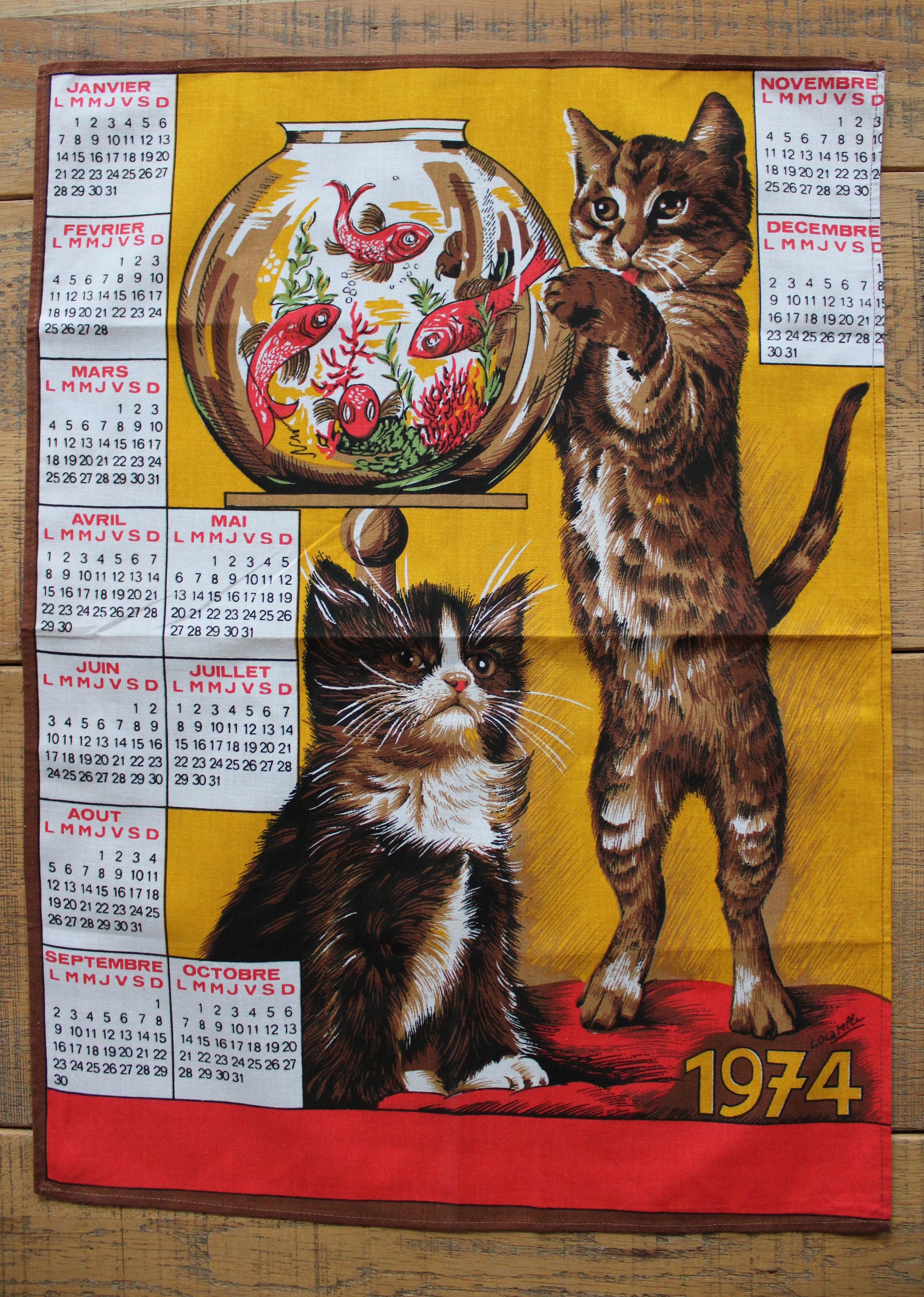 Linge de Cuisine - Vintage 1974 Parfait État Chats avec Calendrier