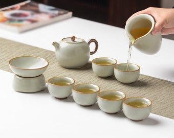 Entzückendes Keramik-Set 9 Stück Ru-Ofen Gebrochene Glasur Kungfu Teeset Teezeremonie Teekanne Giawan