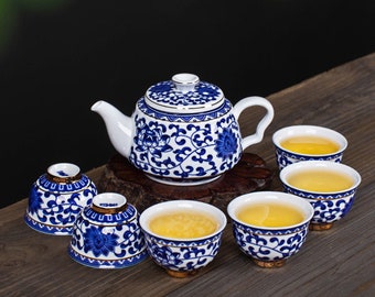 Entzückende Keramik Set von 7stk Blau und Weiß Porzellan Kungfu Tee Set Teekanne Teetassen