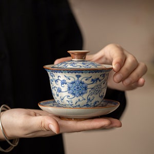 May include: A white porcelain teacup and saucer with a blue and white floral design. The teacup has a lid.