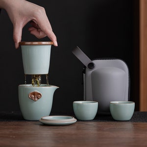 Juego de té de viaje con esmalte agrietado Ruyao de cerámica encantadora, juego de té portátil Kungfu