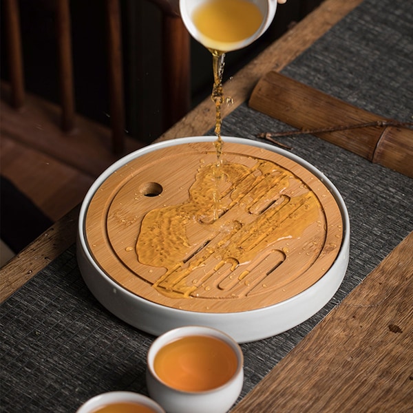 Delightful Ceramics Ruyao - Bandeja de té con esmalte agrietado, accesorio para té, bandeja pequeña con tapa de bambú