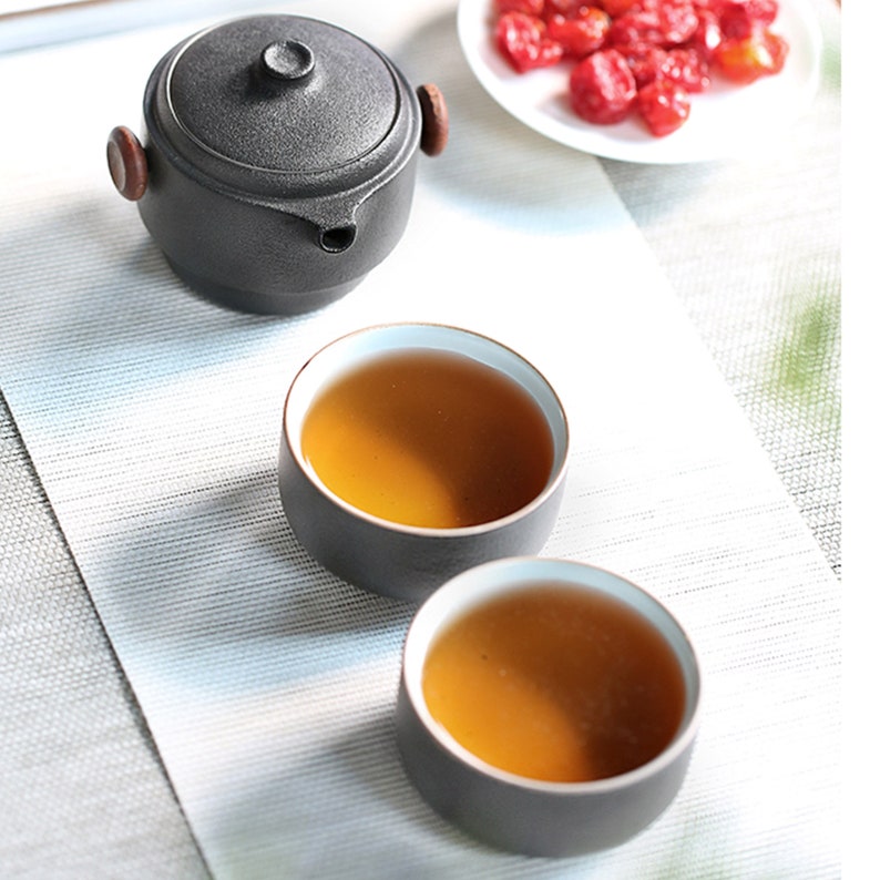 Heerlijke keramiek zwart aardewerk draagbare Kungfu theeset theepot kopjes reistheeset afbeelding 3