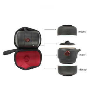 Entzückendes tragbares Kungfu-Teeset aus schwarzer Keramik, Teekanne, Tassen, Reise-Teeset Bild 8