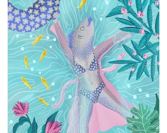 Fish Pool Beach Swim Illustration | Pisces Wall Art Print | Horoscope, Astrology, Zodiac, Star Sign Poster, Birthday Gift | A4 A5 Designs