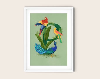 P is for Peacock Wall Art Print | Parrot Animal Alphabet Poster, Personalised Illustration, Birthday Gift | A4 A3 Small Medium Designs