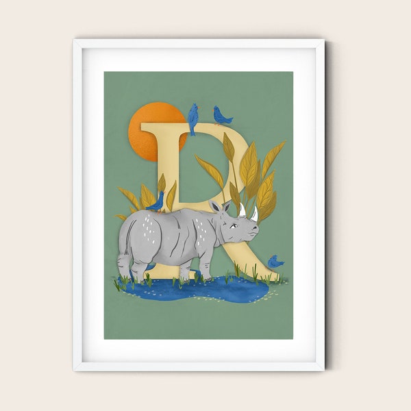 R is for Rhino Wall Art Print | Animal Alphabet Poster, Personalised Illustration, Birthday Gift | A4 A3 Small Medium Designs