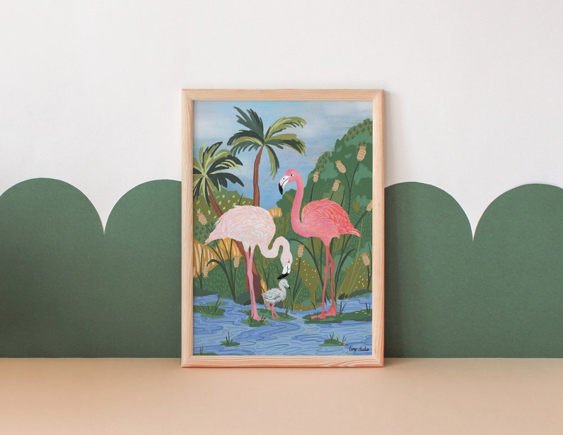 The Flamingo Story Illustrated Artwork Fine Art Print A4 A3 Gift Wall Art New Baby Parenting Life image 1