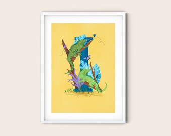 I is for Iguana Wall Art Print | Animal Alphabet Poster, Personalised Illustration, Birthday Gift | A4 A3 Small Medium Designs