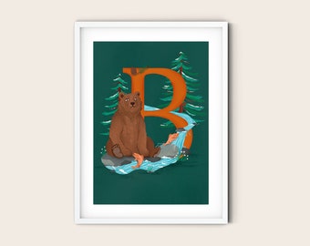 B is for Bear Wall Art Print | Animal Alphabet Poster, Personalised Illustration, Birthday Gift | Forest Woodlands National Park