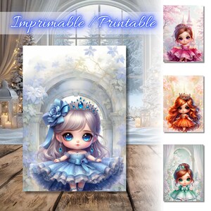 Puede incluir: Impresión digital de una princesa de dibujos animados con un vestido azul, adornada con una corona y joyas. La imagen tiene un estilo caprichoso con ojos grandes y un fondo detallado. El texto "Imprimable / Printable" está en la parte superior.