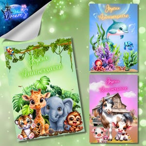 Carte d'anniversaire, carte d'amitié, carte de remerciement, idée-cadeaux, fête, animaux de la jungle, animaux marins, animaux de la ferme