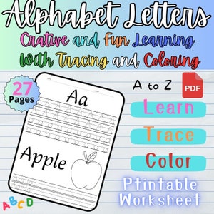 Fun Learning with Tracing and Coloring Pages, Alphabet Letters Printable, Uppercase and Lowercase, Phonics Preschool, Early Writing, PDF