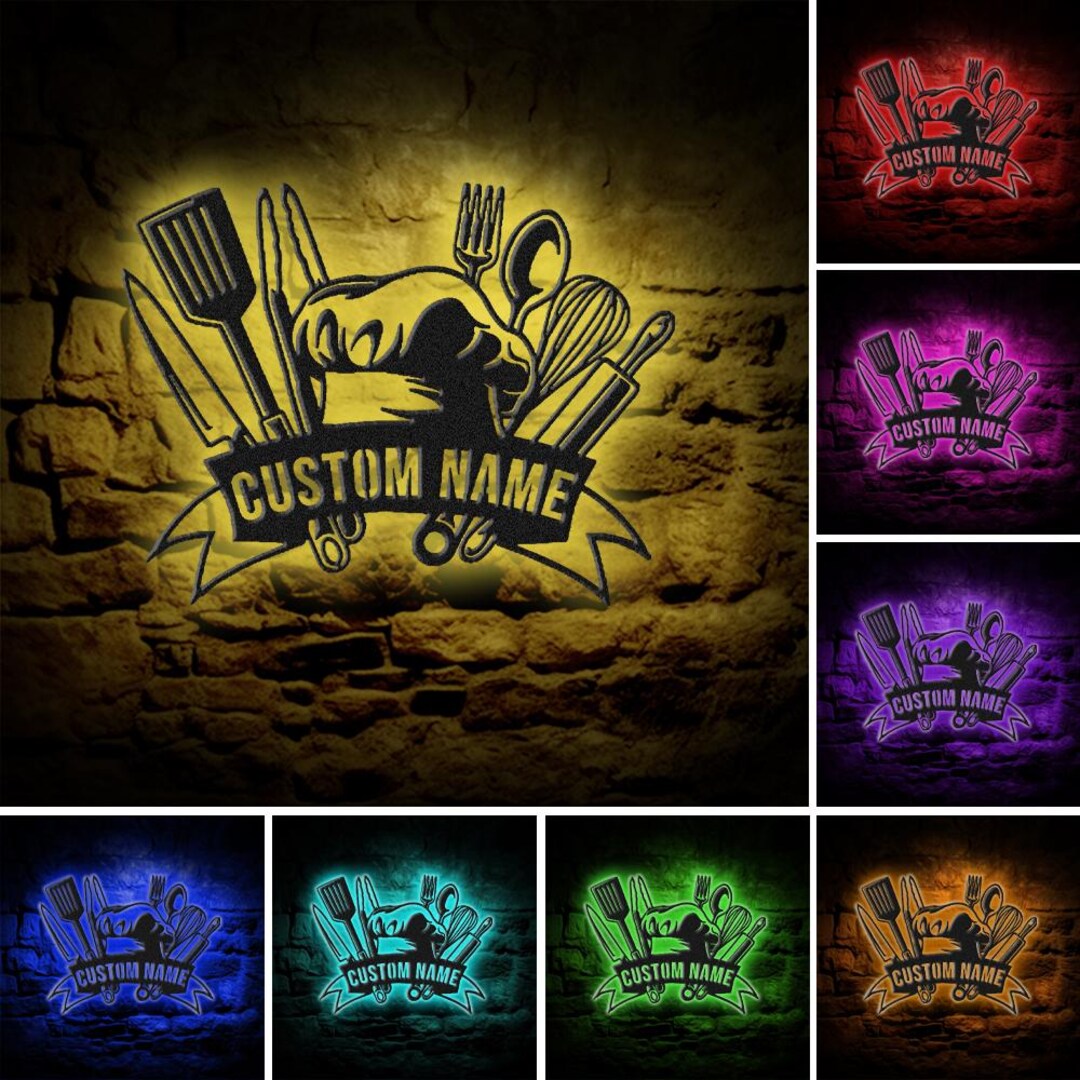 Custom Chef Hat Metal Sign With LED Lights Personalized Utensils Wall ...