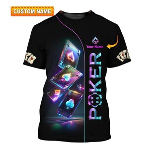 Camiseta de pôquer personalizada com nome, design de cartas de baralho neon, presente exclusivo para jogadores de cartas e entusiastas de pôquer