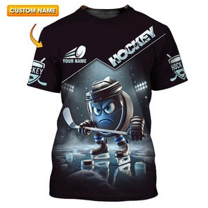 Custom 3D Hockey T-Shirt, Personalized Name Ice Hockey Tee, Cartoon Puck Design Shirt, Unique Sports Gift for Hockey Lovers