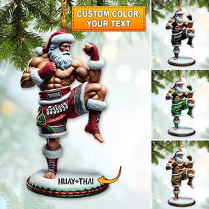 Enfeite de árvore de Natal personalizado do Papai Noel de Muay Thai, árvore de Natal personalizada para entusiastas de esportes e Muay Thai.