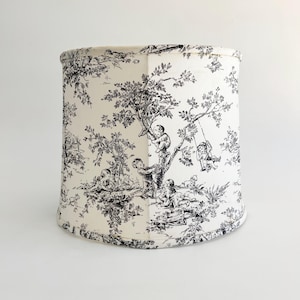 Vintage Toile Fabric Lampshade, 10&quot; Tall Black & White Pastoral Cotton Print Fabric Shade