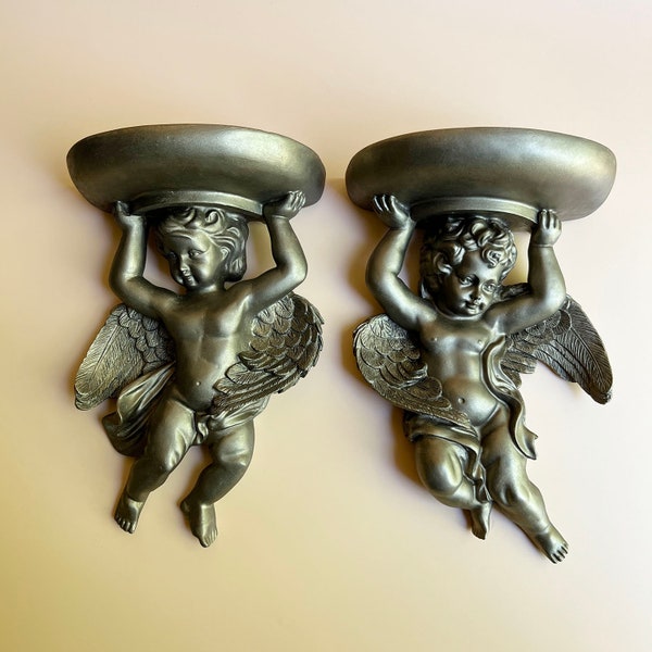 Vintage Cherub Sconce Pair W.  Antique Gold Brass Finish l Set of 2 Vintage Resin Gold Tone Italian Style Shelf Sconces l 10x6x3