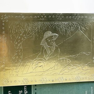 Antique Brass Box, Early 1900&#39;s Etched Brass Box with Hinged Lid, 7&quot;x5&quot;, Brass Trinket Memento Box with Wood Lining