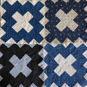 May include: A four-panel quilt block display featuring geometric cross patterns. Each square showcases contrasting fabric designs, including navy blue with white polka dots, dark blue floral prints, black with white dots, and blue with white patterns.