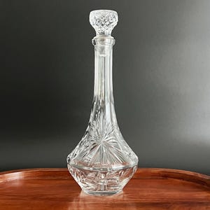 Antique Crystal Decanter with Stopper, Ornate Floral Design, Hand-Cut, Mouth-Blown Large Decanter  Faceted Stopper 14"x5.5", Antique Barware