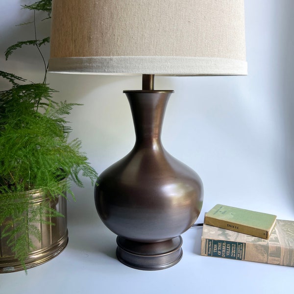 Vintage Table Lamp w Antique Copper Finish l  Round Metal Copper-Tone Lamp l Large Table Lamp 28.5" Tall l Organic Modern Lamp l No Shade