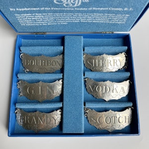 Vintage Decanter Labels W. Original Box l Pewter Liquor Bottle Engraved Name Tags l Kirk Stieff Decanter Silver Tone Labels