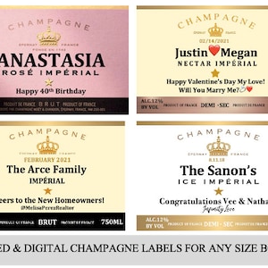 May include: Champagne bottle labels with custom text for special events. Designs include labels for a 40th birthday, a Valentine's Day proposal, new homeowners, and a wedding. Each label includes the champagne name, date, and a message.