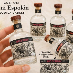 May include: Five clear 50ml glass mini bottles with wooden corks, featuring custom black and white labels with skeleton illustrations and red text reading Happy 25th Birthday, I Love You Drew, and Espolon Tequila Blanco branding.