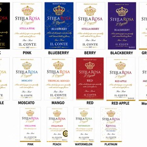 May include: A collection of seventeen rectangular Stella Rosa wine labels in various colors including black, blue, purple, red, and white. Each label features a gold crown icon, the brand name, flavor text, and the text Il Conte 1917.