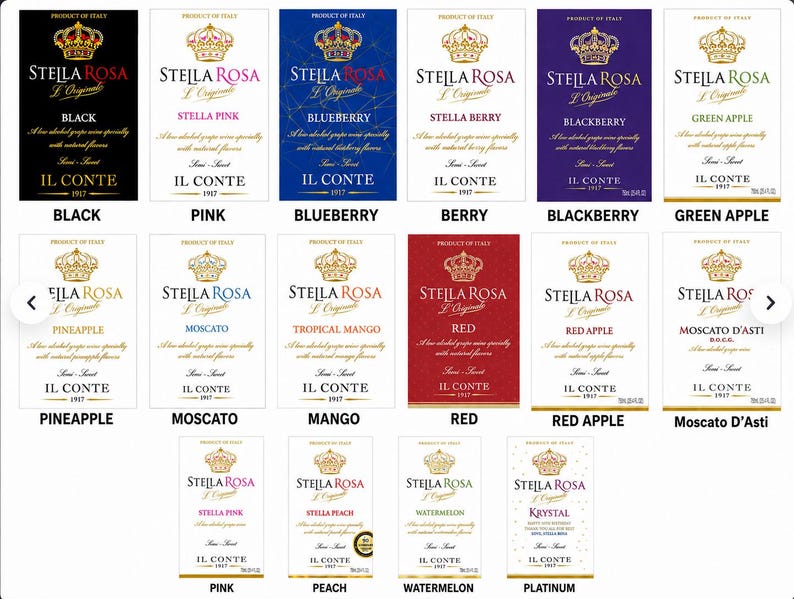 May include: A collection of seventeen rectangular Stella Rosa wine labels in various colors including black, blue, purple, red, and white. Each label features a gold crown icon, the brand name, flavor text, and the text Il Conte 1917.