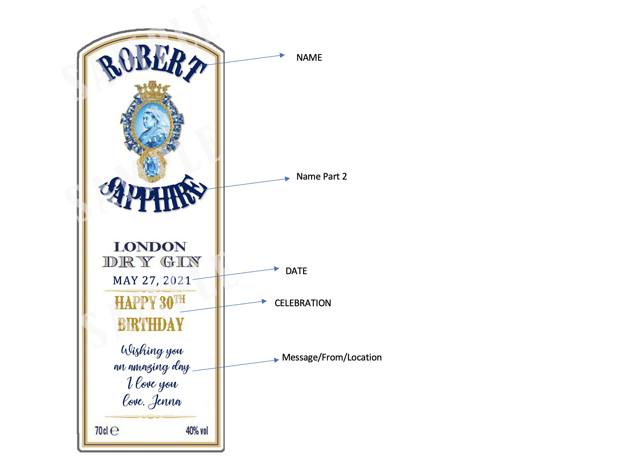 Saphite Label Bombay Sapphire Gin Custom Label, Custom Gin Label, Birthday Gin Gift ...