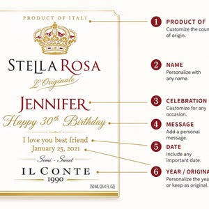 May include: A rectangular wine label featuring a gold crown icon and the text Stella Rosa L'Originale, Jennifer, Happy 30th Birthday, I love you best friend, January 25, 2021, Semi-Sweet, Il Conte, 1990, and 750 ml (25.4 fl oz) with numbered callouts.