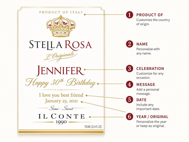 May include: A rectangular wine label featuring a gold crown icon and the text Stella Rosa L'Originale, Jennifer, Happy 30th Birthday, I love you best friend, January 25, 2021, Semi-Sweet, Il Conte, 1990, and 750 ml (25.4 fl oz) with numbered callouts.