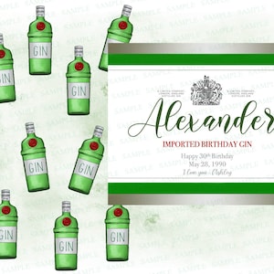 Op de afbeelding: Een digitaal ontwerp met meerdere groene gin-flessen met witte etiketten en het woord "GIN". Een gepersonaliseerd label luidt "Alexander Imported Birthday Gin" met een verjaardagsbericht. De achtergrond is een lichtgroene aquarelwas.