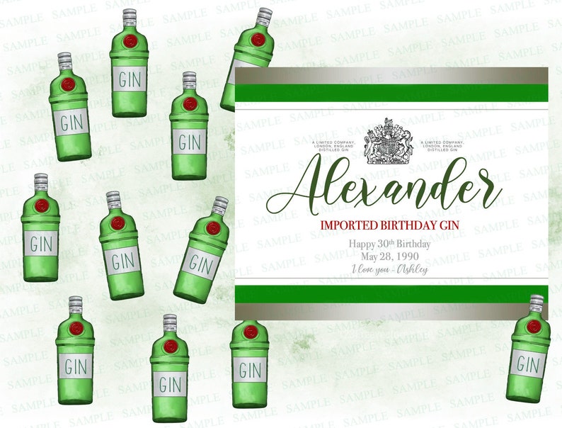 Puede incluir: Un dise&ntilde;o digital con m&uacute;ltiples botellas de ginebra verdes con etiquetas blancas y la palabra "GIN". Una etiqueta personalizada dice "Alexander Imported Birthday Gin" con un mensaje de cumplea&ntilde;os. El fondo es un lavado de acuarela verde claro.