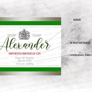 Puede incluir: Etiqueta de ginebra "Alexander" con borde verde y dorado. Incluye el texto "Happy 30th Birthday May 28, 1990 I love you - Ashley" y el nombre "Alexander" en una fuente decorativa.