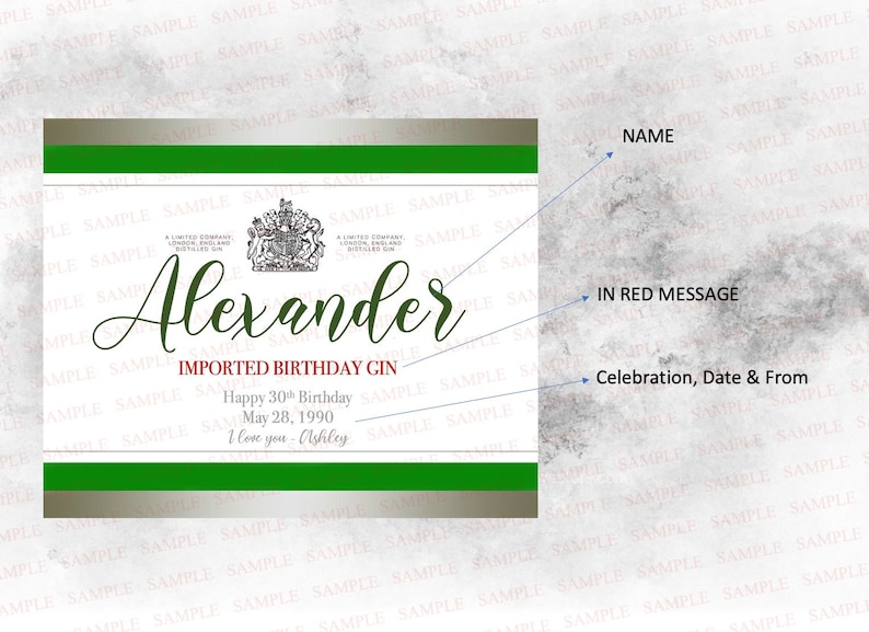 Puede incluir: Etiqueta de ginebra "Alexander" con borde verde y dorado. Incluye el texto "Happy 30th Birthday May 28, 1990 I love you - Ashley" y el nombre "Alexander" en una fuente decorativa.